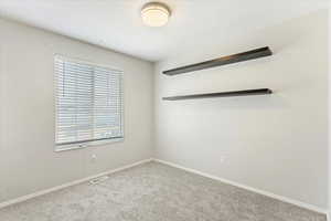 Carpeted spare room with baseboards