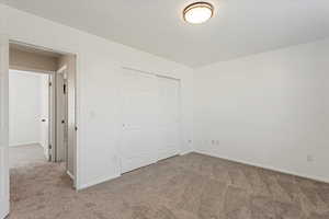 Unfurnished bedroom featuring carpet floors and a closet