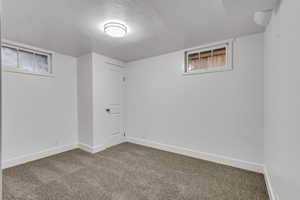 Below grade area featuring a textured ceiling and carpet floors