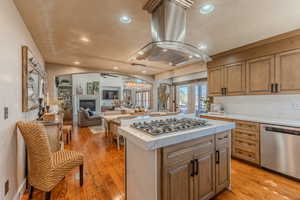 Kitchen with island exhaust hood, stainless steel appliances, a glass covered fireplace, a kitchen island, and light wood-style floors