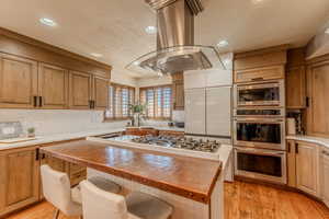 Kitchen with a center island, stainless steel appliances, a breakfast bar, island exhaust hood, and light wood-style floors