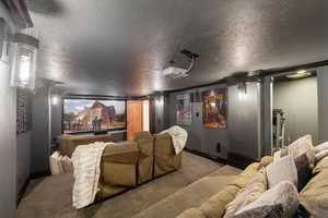 Home theater room featuring a textured ceiling and carpet floors