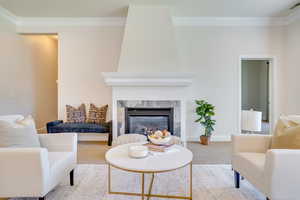 Carpeted living area featuring crown molding and a premium fireplace