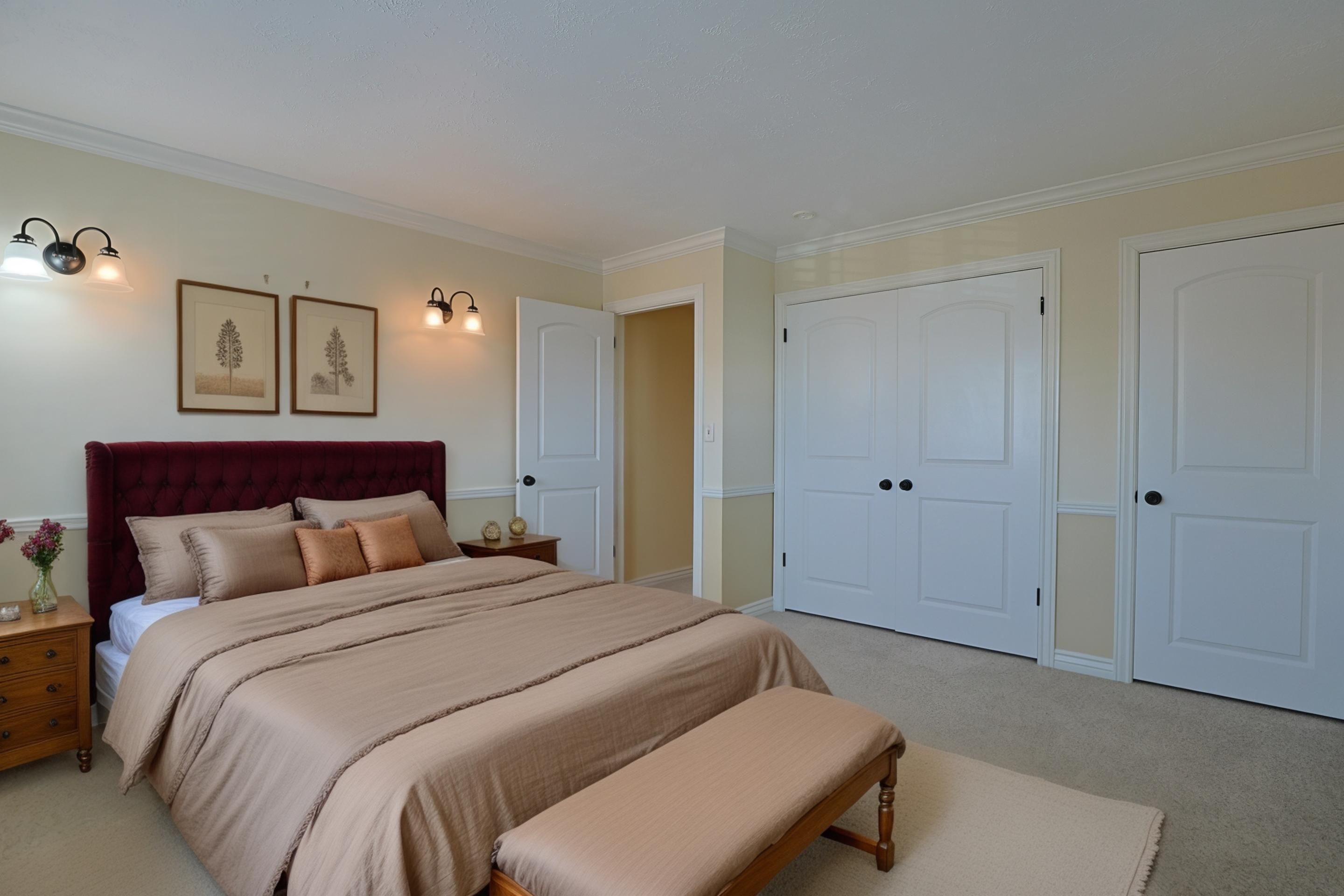 Bedroom with light colored carpet, ornamental molding, and a closet