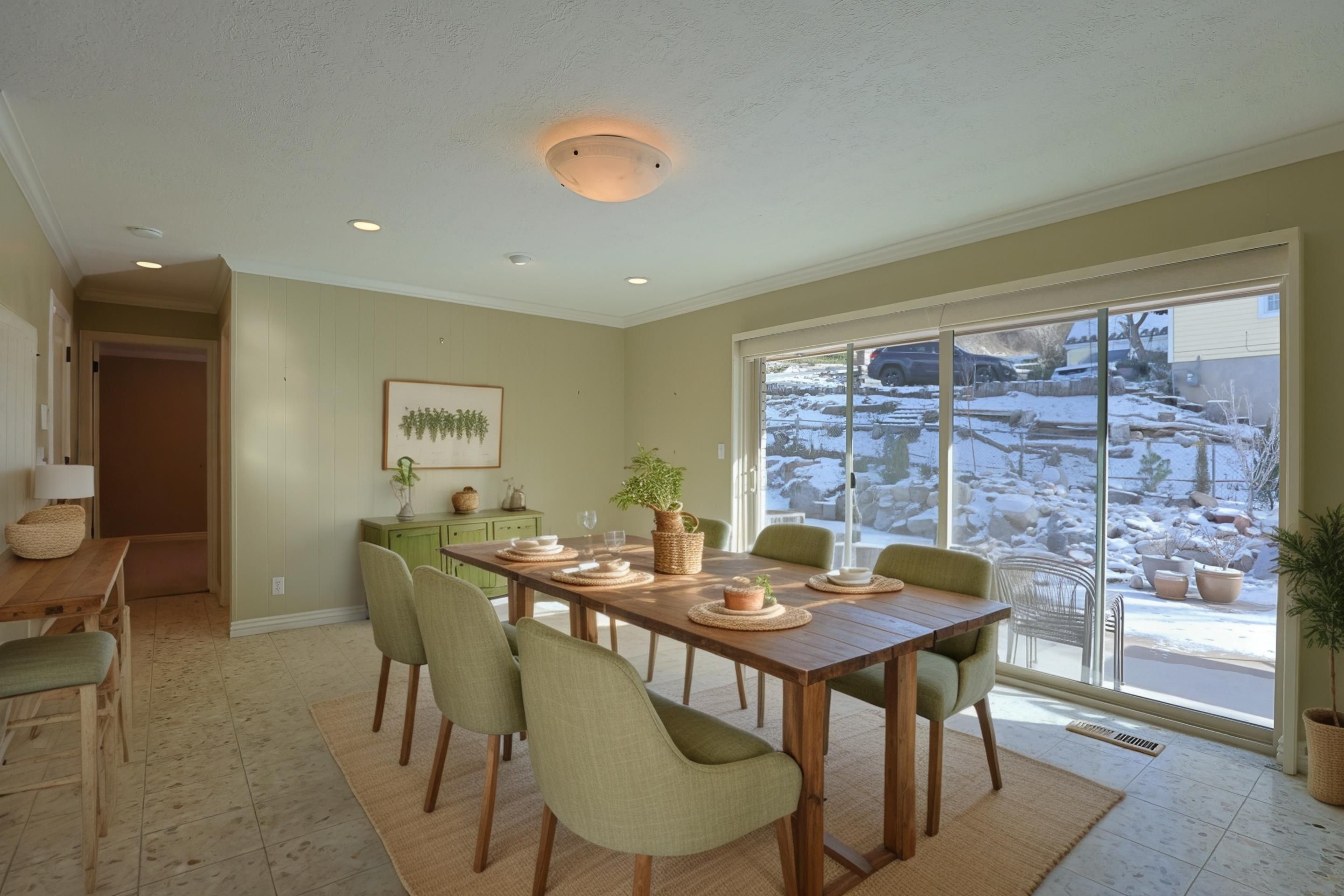 Dining space with ornamental molding and recessed lighting