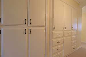 Detailed view of carpet flooring and baseboards