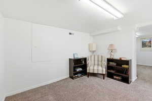 Sitting room with a textured ceiling and carpet floors