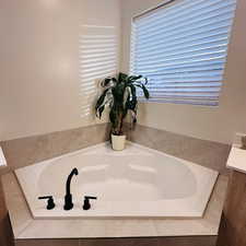 Full bath with a garden tub and vanity