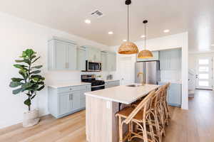Kitchen with stainless steel appliances, a breakfast bar, pendant lighting, a center island with sink, and light wood-style flooring