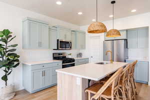 Kitchen with stainless steel appliances, a kitchen breakfast bar, decorative light fixtures, a center island with sink, and light wood-style floors
