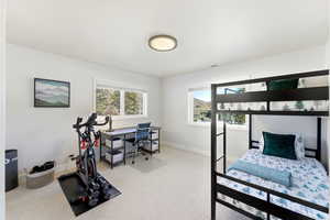 Bedroom featuring a desk and light colored carpet