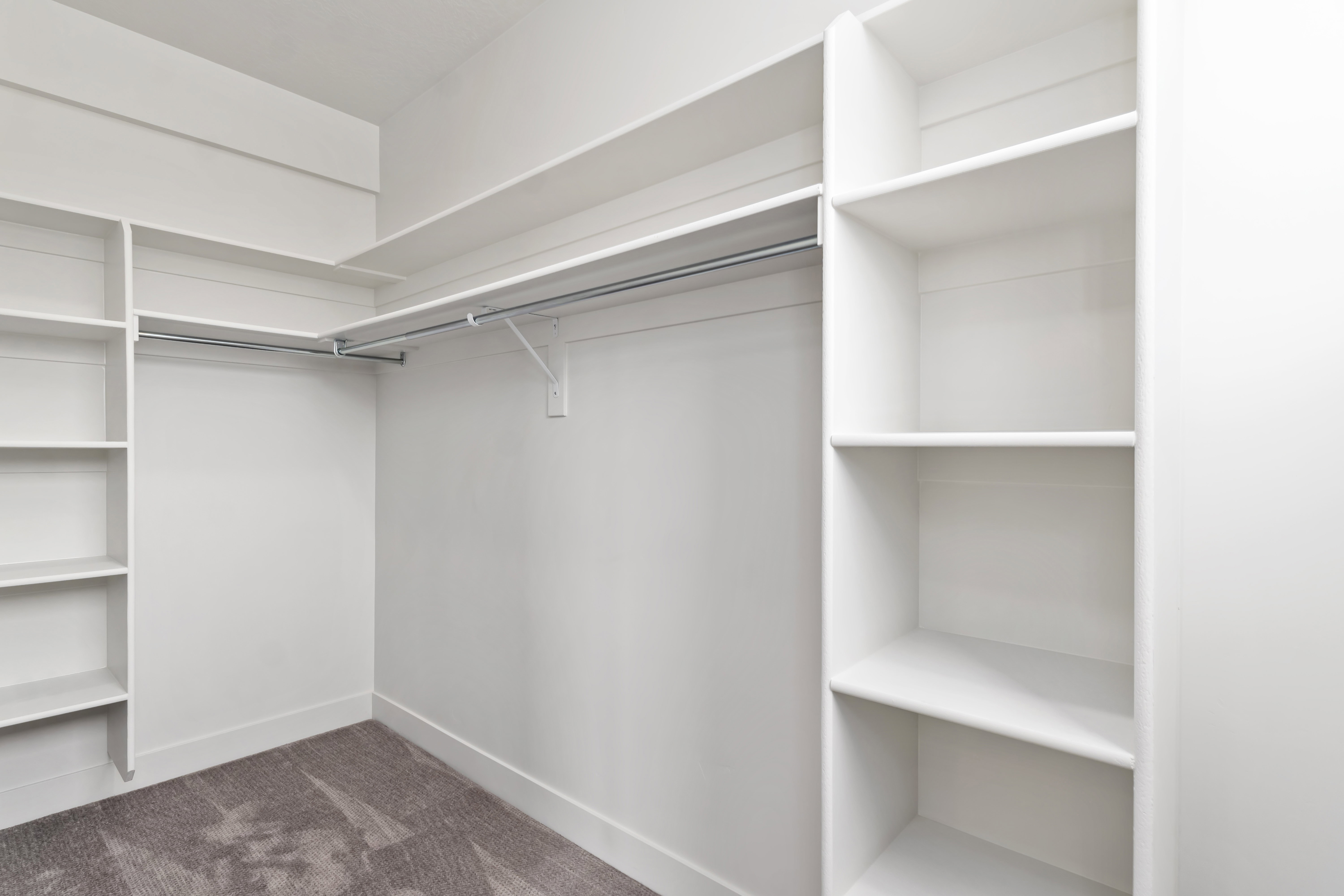 Walk in closet featuring dark colored carpet
