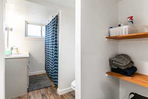 Full bathroom featuring vanity, a shower with shower curtain, and dark wood finished floors