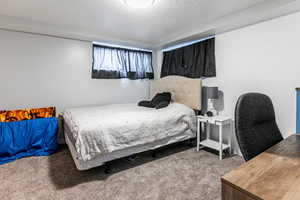 Carpeted bedroom featuring a textured ceiling