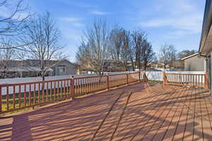 Wooden deck with a residential view and a fenced backyard