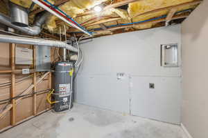 Utility room featuring electric panel and strapped water heater