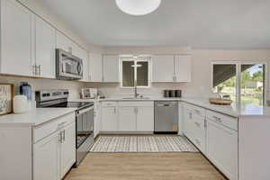 Kitchen featuring stainless steel appliances, a peninsula, and white cabinets