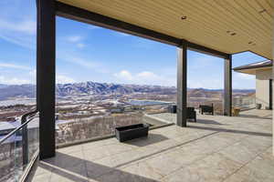 View of patio featuring a mountain view