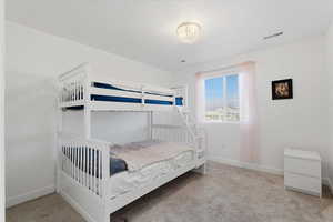 Bedroom with light carpet