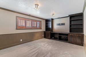 Unfurnished living room with a textured ceiling, ornamental molding, carpet, wainscoting, and built in features