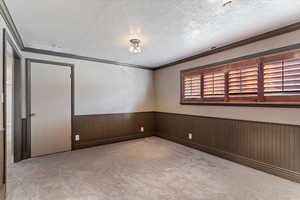 Empty room with a textured ceiling, crown molding, light carpet, and wainscoting