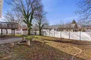 Fenced backyard with a residential view and a shed