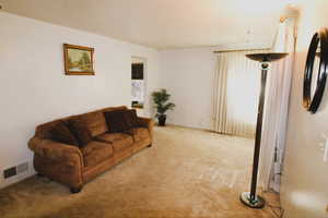 Carpeted living room with healthy amount of natural light