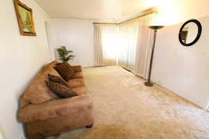 Living area with carpet flooring