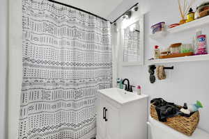 Full bathroom with vanity and a shower with shower curtain