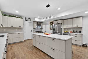Kitchen with backsplash, a center island, stainless steel appliances, and light wood-type flooring
