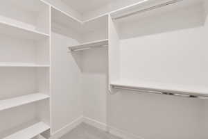 Walk in closet featuring light colored carpet