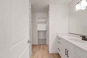 Bathroom with vanity, light wood-style floors, and a walk in closet