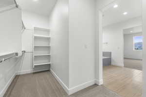 Walk in closet with light carpet