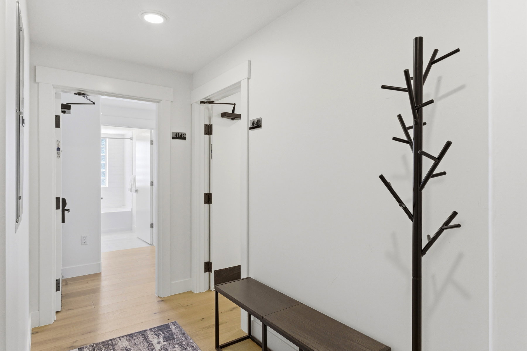 Entryway featuring light wood-finish flooring, white walls, and recessed lighting