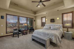 Bedroom featuring a raised ceiling, a ceiling fan, and carpet