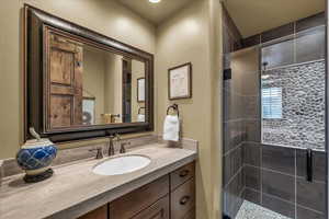 Bathroom with a shower stall and vanity