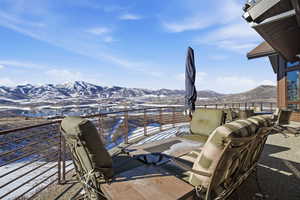 View of patio featuring a mountain view