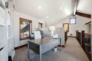 Carpeted office with baseboards and recessed lighting