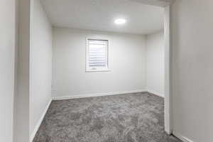 Carpeted spare room with a textured ceiling and baseboards