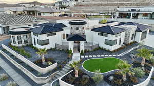 Aerial view at dusk of a residential view