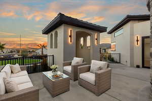 View of patio / terrace with outdoor lounge area and a mountain view