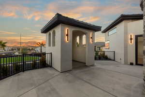 Exterior space with a mountain view and a patio