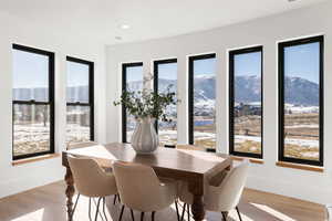 Dining room featuring light wood-type flooring and recessed lighting