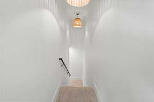 Staircase with carpet and baseboards