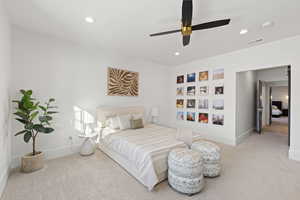 Bedroom with carpet floors, recessed lighting, and ceiling fan