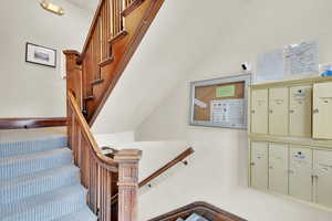 Stairs featuring mail area and carpet flooring