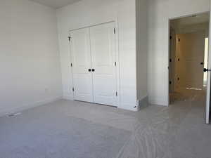 Primary bedroom featuring a closet and carpet floors