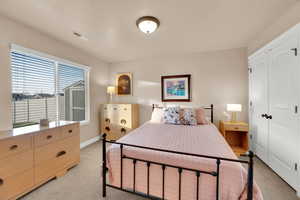 Bedroom with a closet and light carpet