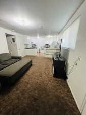 Living room with a textured ceiling and light carpet