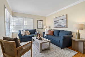 Living area featuring crown molding and light wood-type flooring